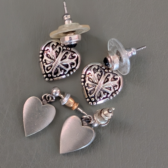 Silver Tone Tiny Heart Post Drop Earrings Set - Picture 5 of 12